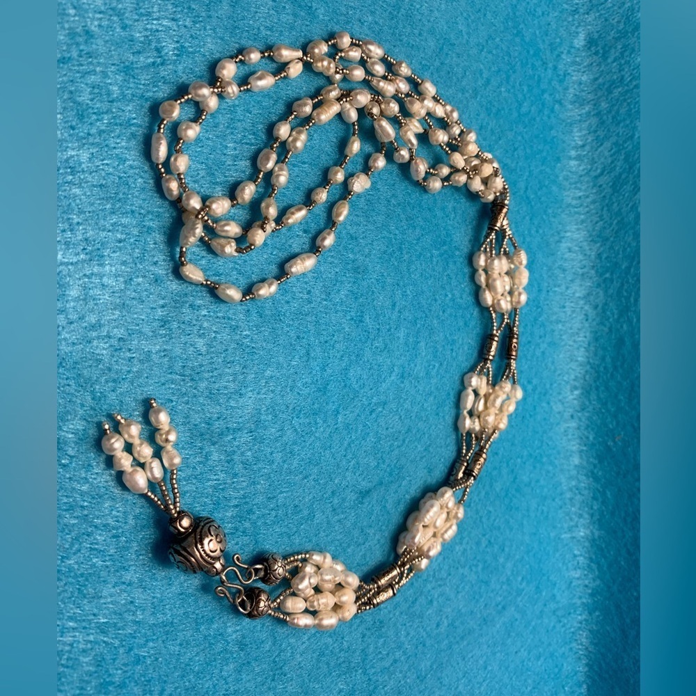 3 strand fresh water pearls necklace with silver tone baubles